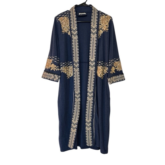paparazzi Sweaters - Paparazzi Embroidered Long Cardigan Navy Blue Women S Floral Open front Boho